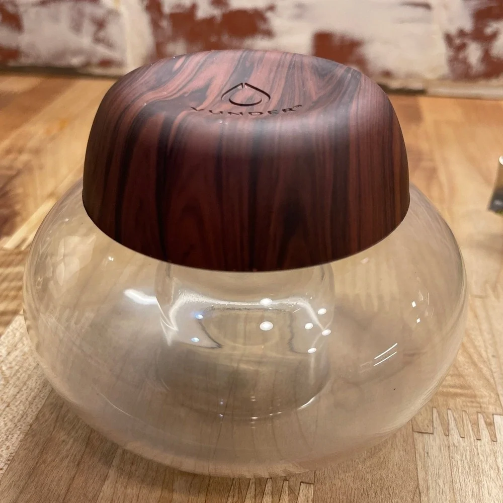 Vunder Glass Orb Votive Candle Holder Wood Grain Base Modern Minimalist 4x5